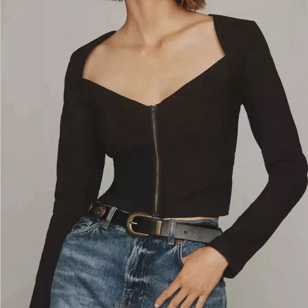 NWT Anthropologie Maeve Black Top Sz M Zip-Front Long-Sleeve